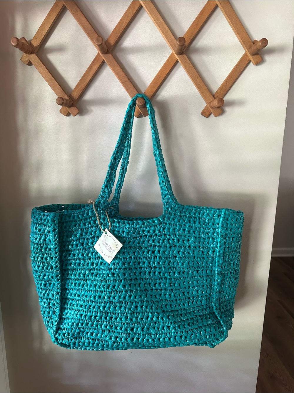 Handmade Woven Turquoise Market Tote Beach Pool Grocery Bag Durable Plastic